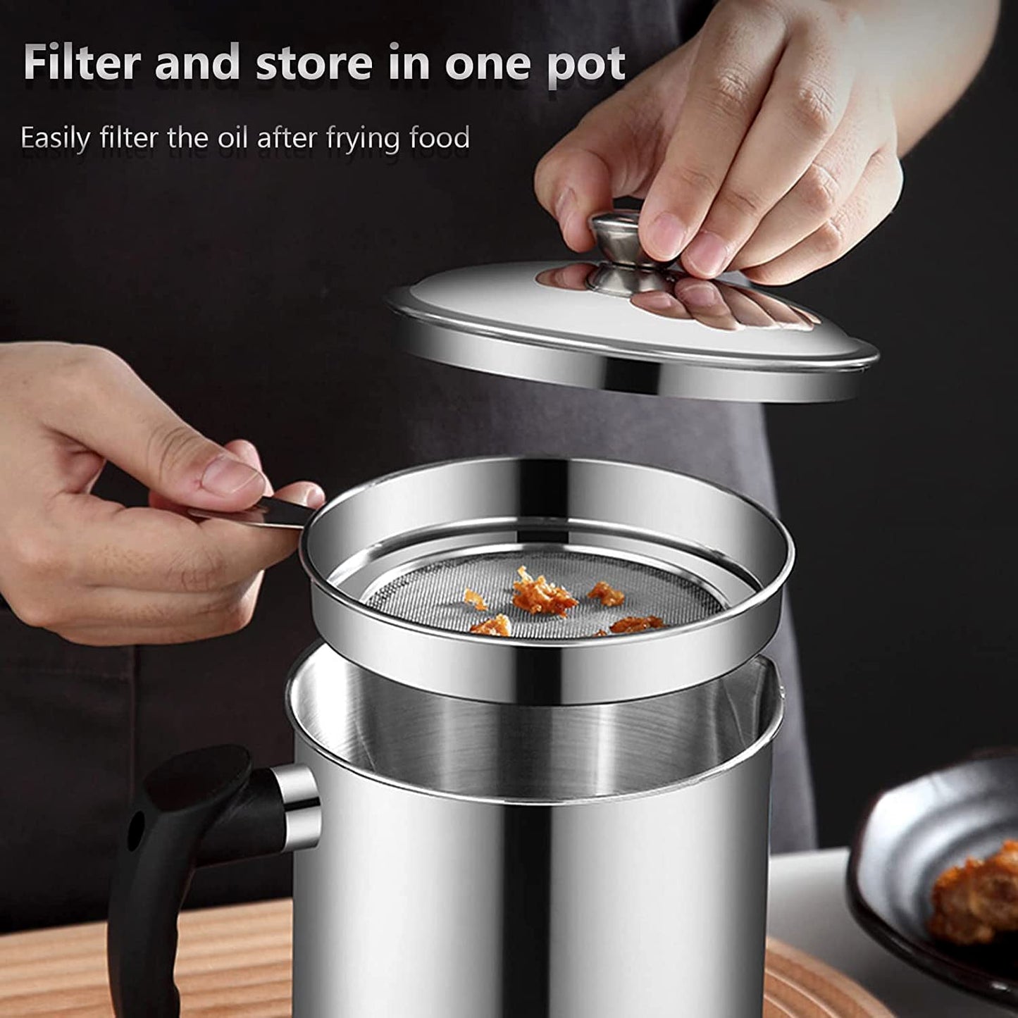 Stainless Steel Oil Strainer Pot with Lid and Filter Mesh (1 Set)