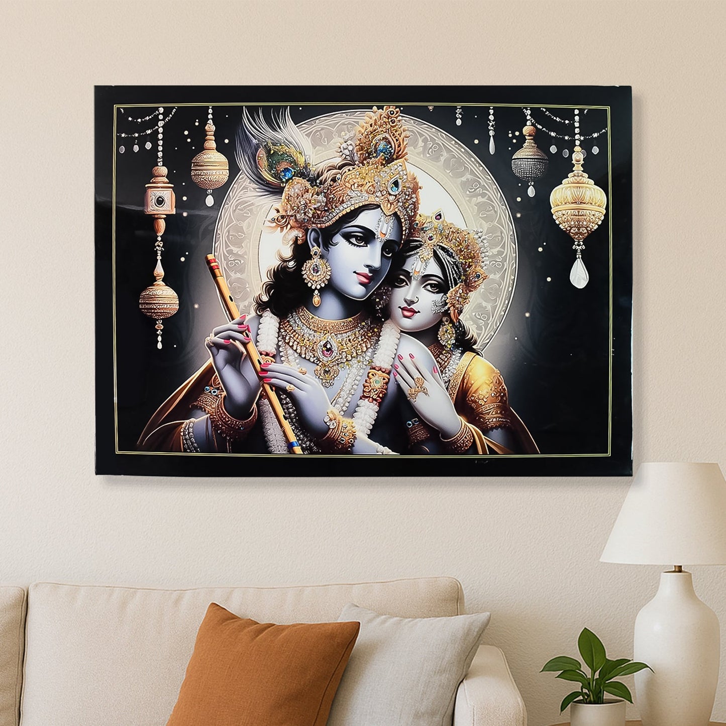 Lord Krishna and Radha Wall Painting with Wooden Frame 60x45 Cm Approx (1 Pc / Mix Design)