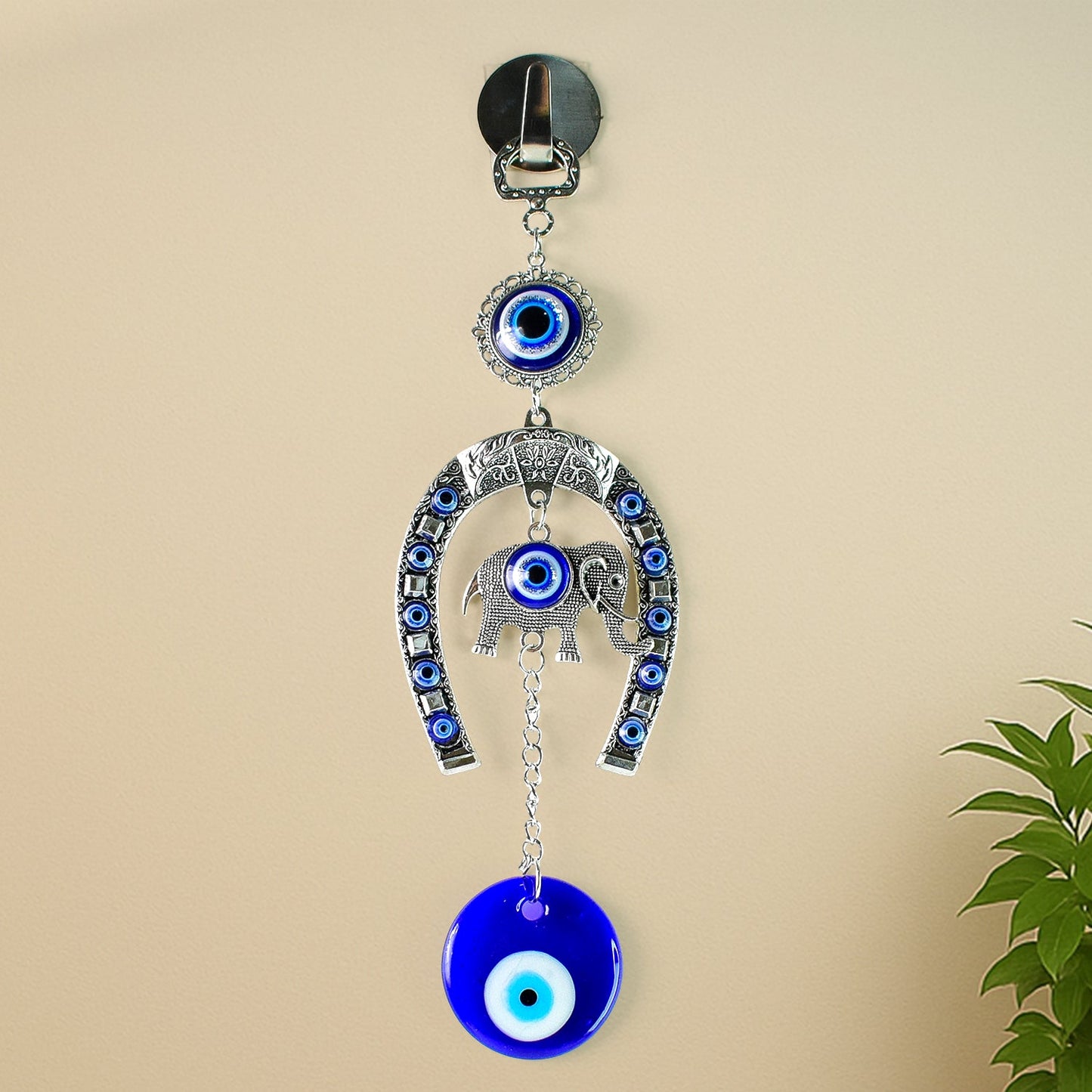 Decorative Evil Eye Hanging with Elephant and Horseshoe Motif,  Wind Chime (1 Pc)