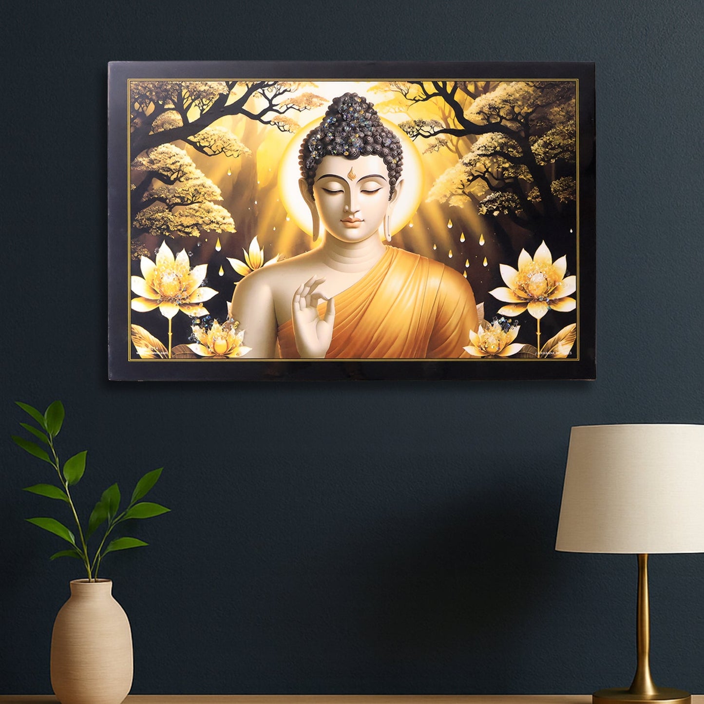 Decorative Lord Buddha Wall Painting with Wooden Frame Mix Design, 45x30 Cm Approx (1 Pc)