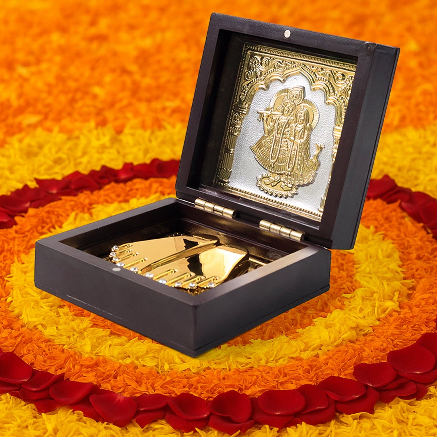 Golden Charan Paduka in Wooden Box – Spiritual Gift & Pooja Accessory