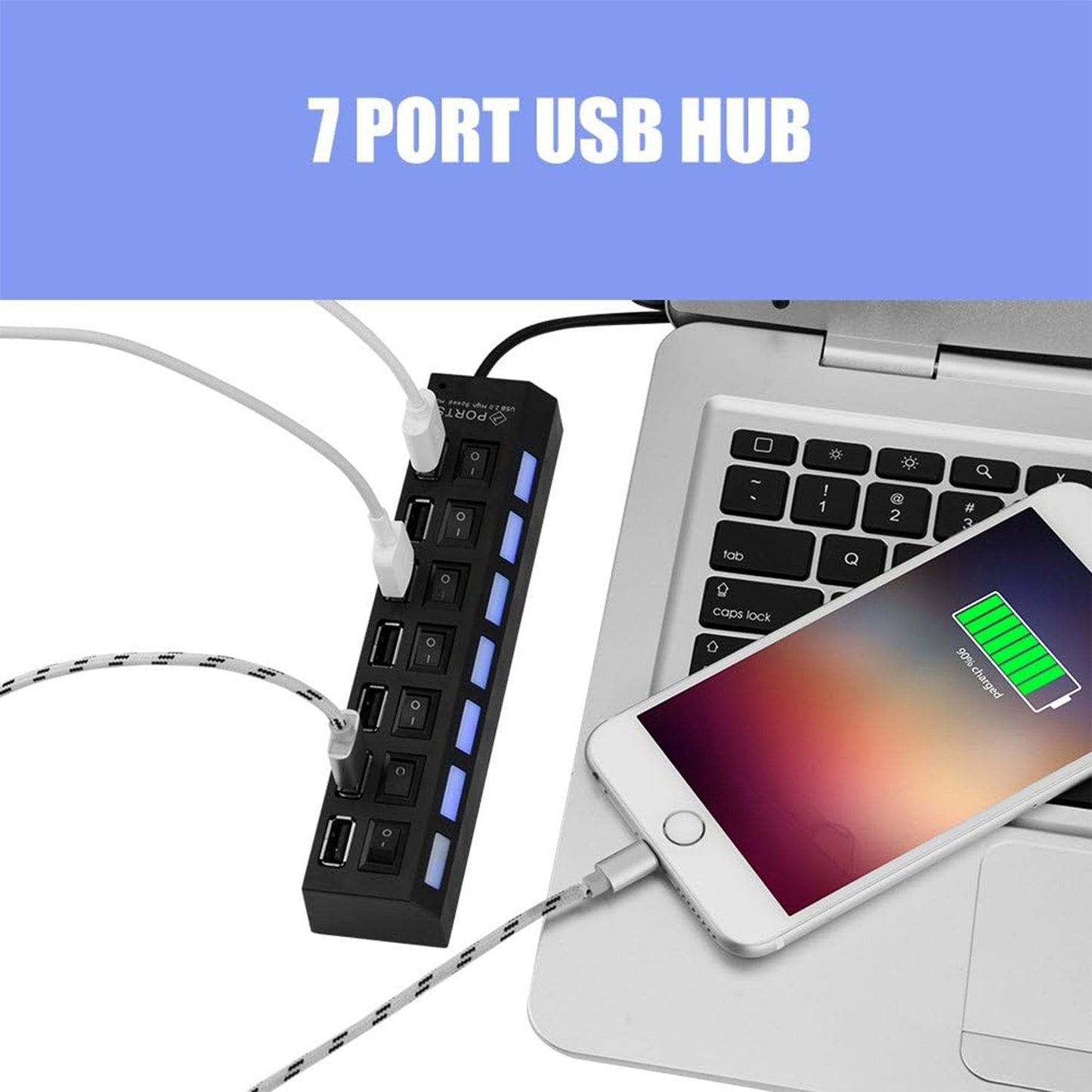 USB Splitter Multi Port USB 2.0 Hub, 7 Port with Independent On/Off Switch and LED Indicators USB A Port Data Hub, Suitable for PC Computer Keyboard Laptop Mobile HDD, Flash Drive  Etc