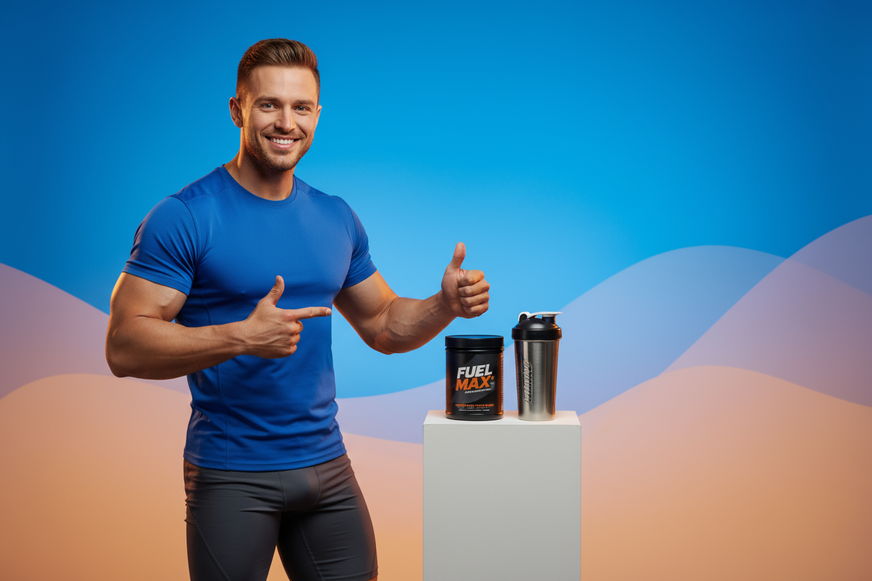 ad creative image for fitness product happily recommended by muscular man