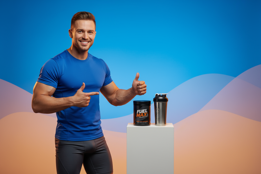 ad creative image for fitness product happily recommended by muscular man