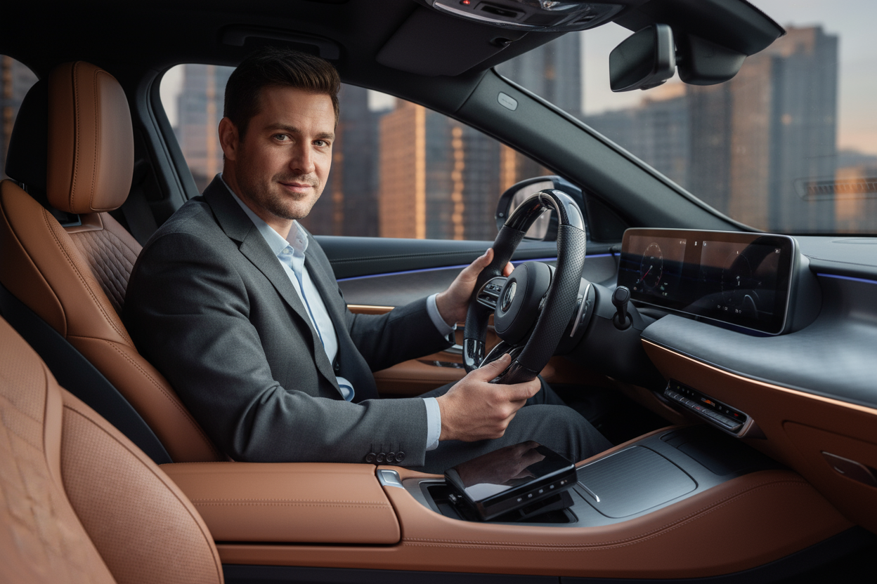 automotive product with a handsome man in a car