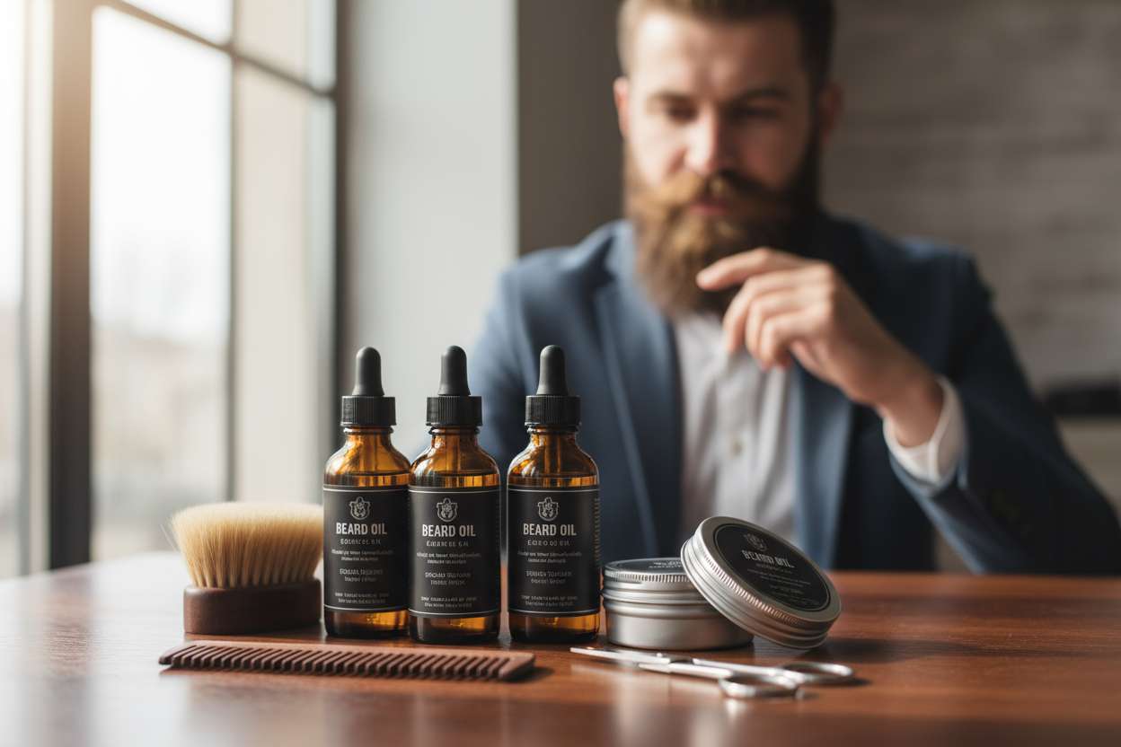 beard grooming products with man